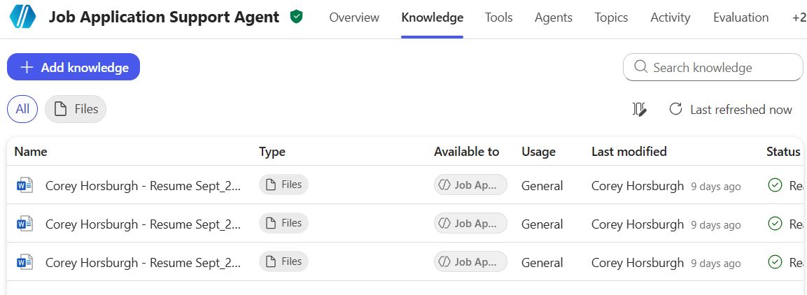 Screenshot of the Job Application Agent's knowledge base in Copilot Studio